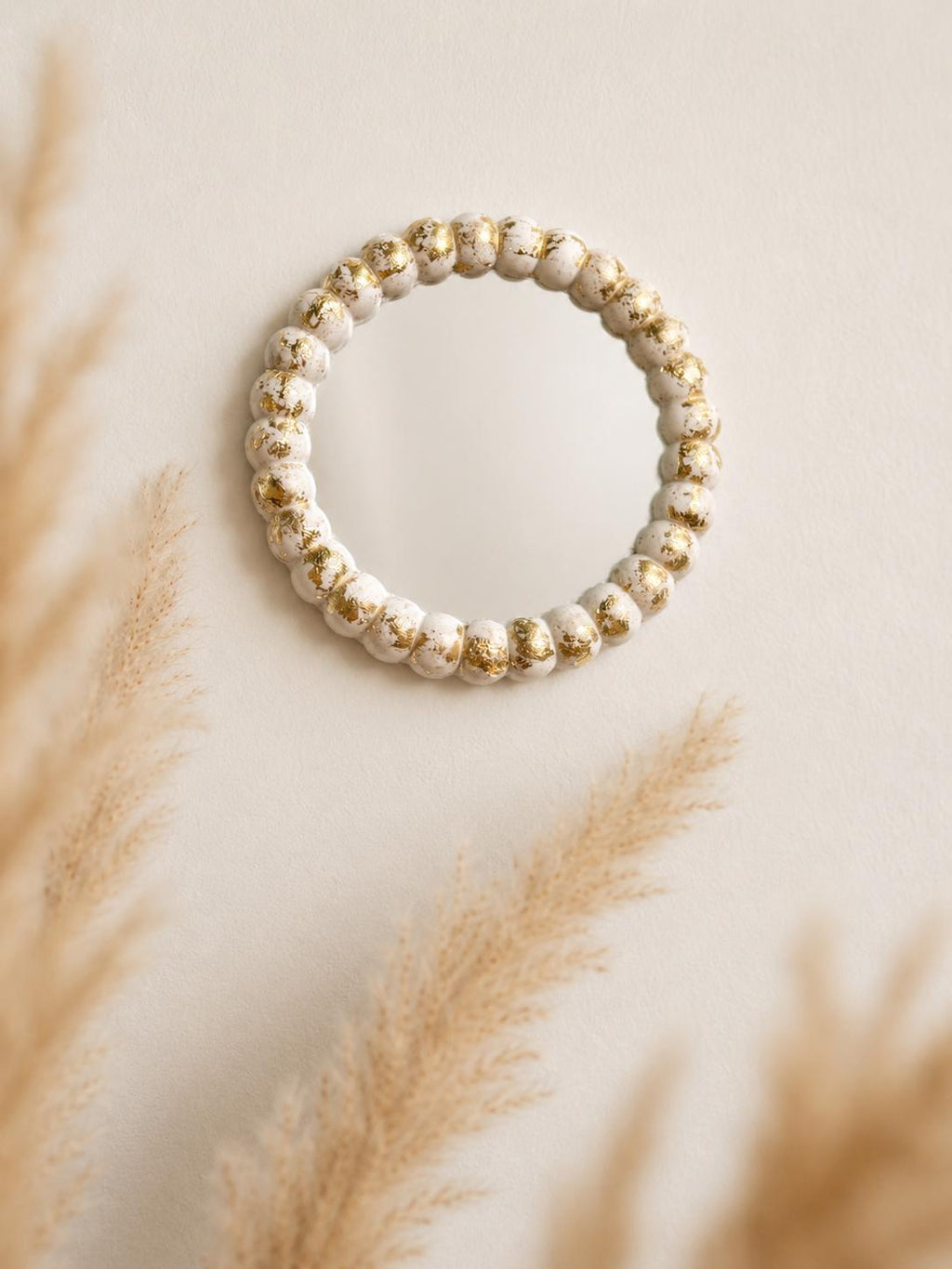 Handmade White Gold Flake Beaded Round Mirror